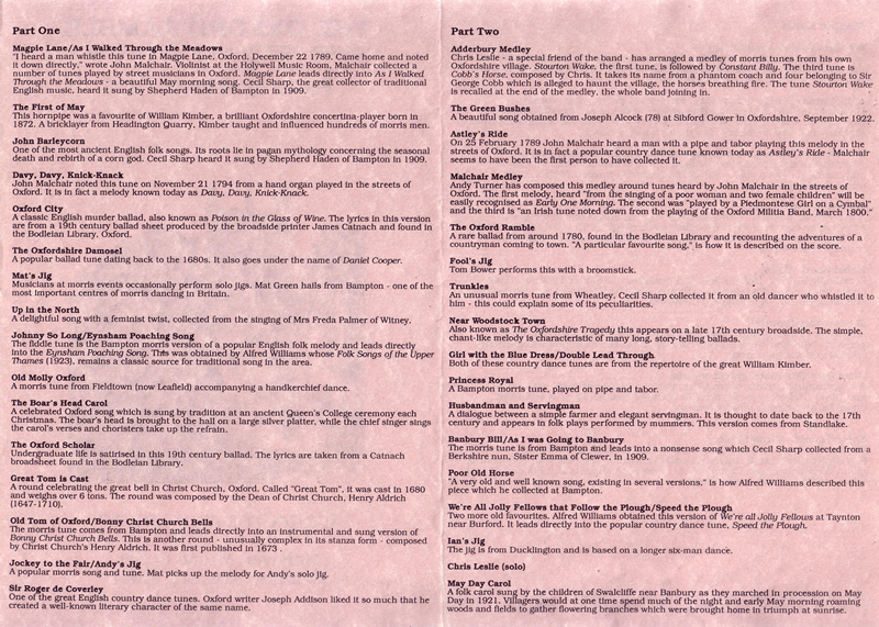 Magpie Lane - first concert programme, 3rd May 1993 (back) - click to view larger image